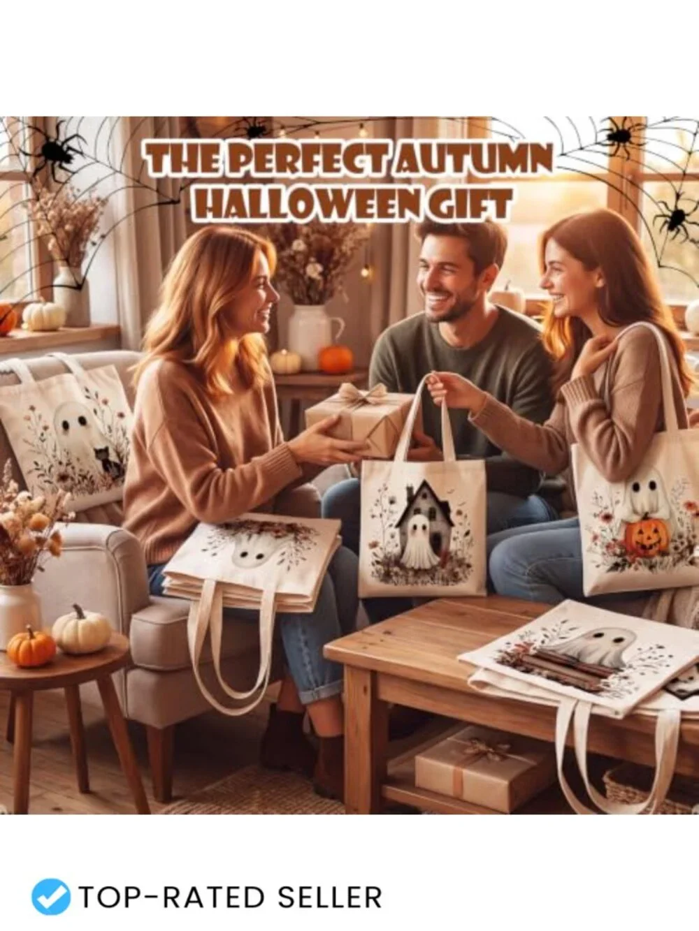 8 Pack Halloween Boho Ghost Canvas Tote Bags Trick or Treat Party Favors